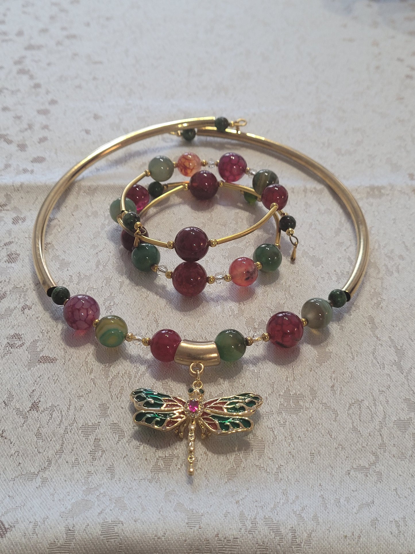 Set Red-Green Stones Butterfly Piece Necklace & Red-Green Stones Bracelet