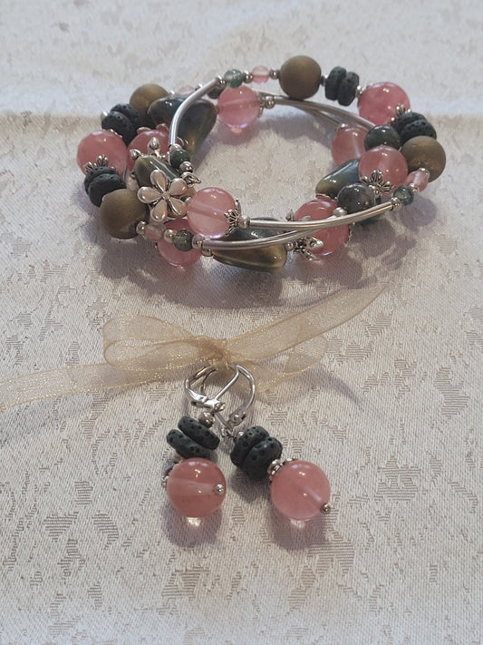 Set Pink-Green Stones Bracelet & Pink Stone Earrings