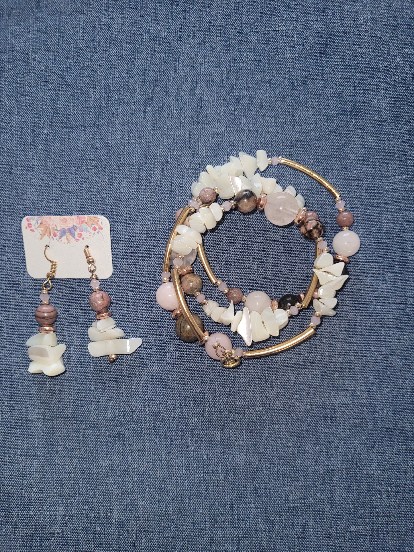 Set White,Pink & Brown Stone Bracelet  & Earrings