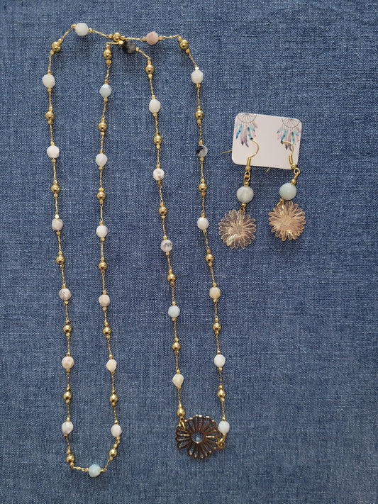 Set White Stones Flower Piece Necklace & Earrings