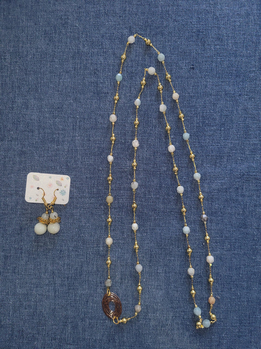 Set Blue-White Stones Necklace & White Stone Earrings